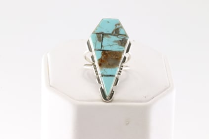 Native America Navajo Sterling Silver Turquoise Inlay Ring By B.E.