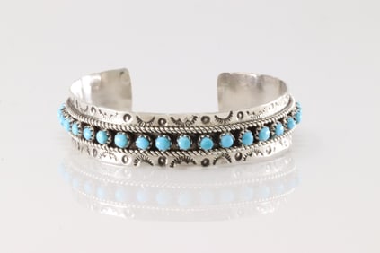 Native America Zuni Sterling Silver Turquoise Bracelet Cuff By P.Ukestine.