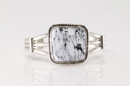 Native America Navajo Sterling Silver White Buffalo Bracelet Cuff By S.E.