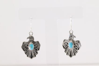 Native America Navajo Sterling Silver Turquoise Thunderbird Dangling Earring's By Kenny Lonjose.