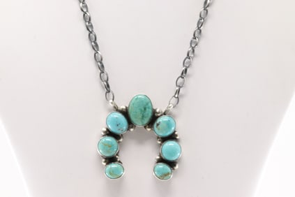 Native America Navajo Sterling Silver Kingman Turquoise Naja Necklace By Augustine Largo.