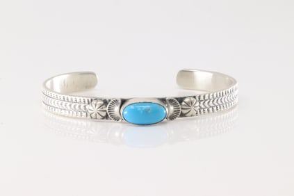 Native America Navajo Sterling Silver Turquoise Bracelet Cuff By M.Spencer.