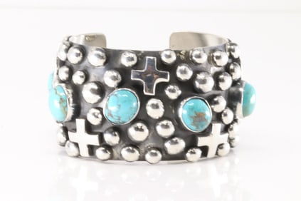 Native America Navajo Sterling Silver Kingman Turquoise Cross Bracelet Cuff By Chimney Butte.