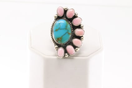 Native America Navajo Sterling Silver Pink Conch Shell & Kingman Turquoise Ring By Geraldine James.