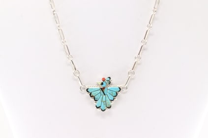 Native America Zuni Sterling Silver Multi-Color Stone Inlay Bird Necklace By Michelle Peina.