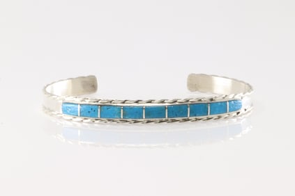 Native America Zuni Sterling Silver Turquoise Inlay Bracelet Cuff By J.P.C.