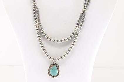 Native America Navajo Sterling Silver 2 Strand Pearl Beaded / Turquoise Necklace By Lucinda Sardo.