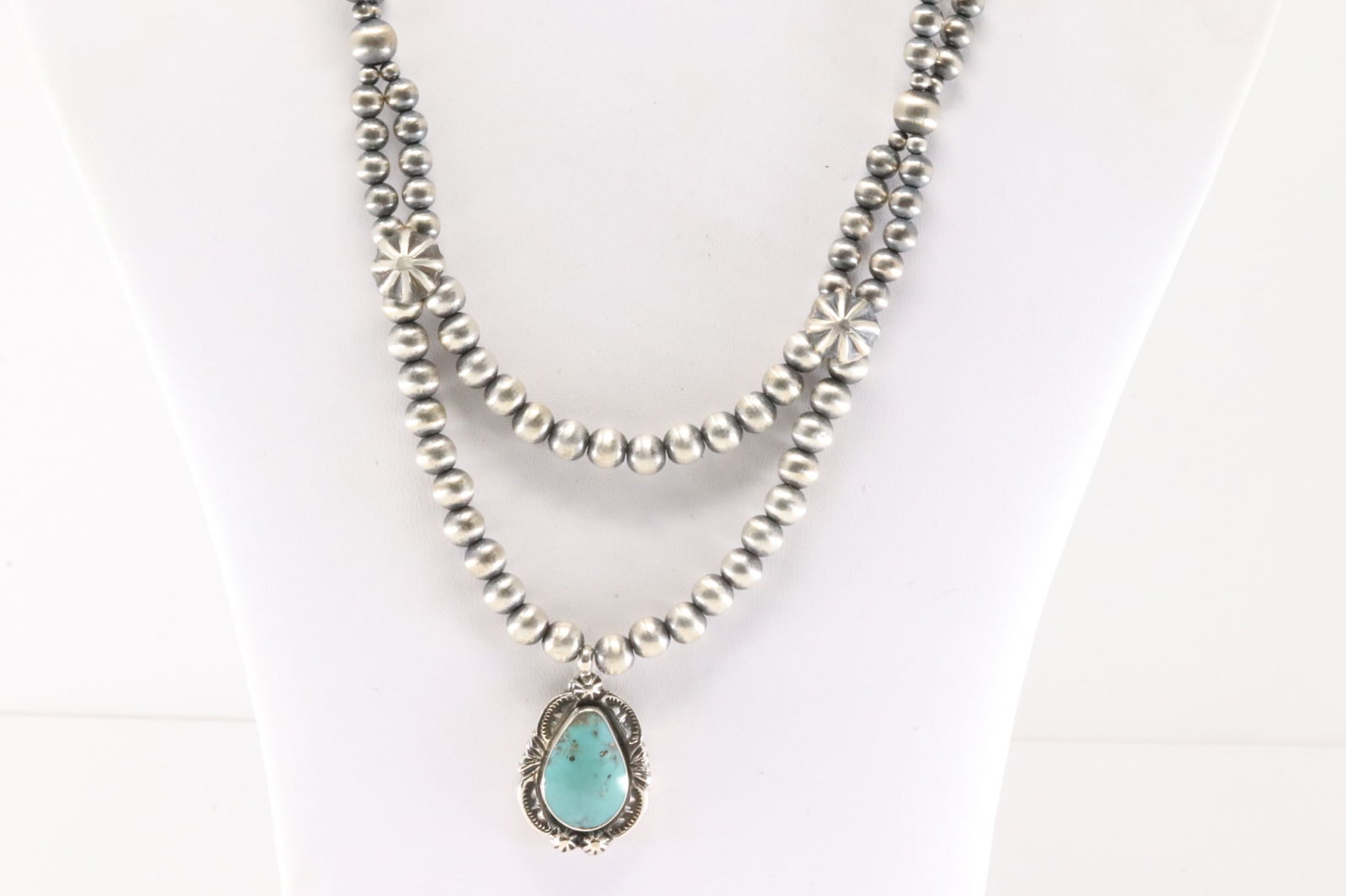 Native America Navajo Sterling Silver 2 Strand Pearl Beaded / Turquoise Necklace By Lucinda Sardo. (1 of 4)