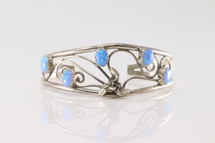 Native America Navajo Sterling Silver Blue Opal Bracelet Cuff By C.