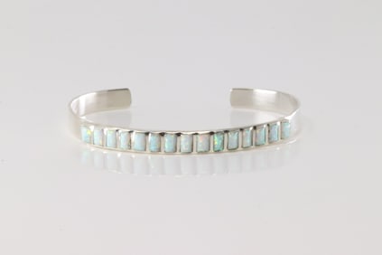 Native America Navajo Sterling Silver White Opal Bracelet Cuff.