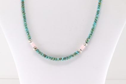 Native America Navajo Sterling Silver Pink Conch Shell & Turquoise Necklace.