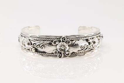 Native America Navajo Sterling Silver Floral Bracelet Cuff By Freddie James.