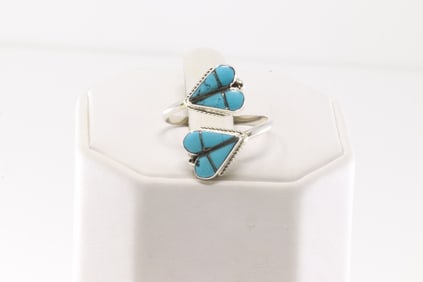 Native America Zuni Sterling Silver Turquoise Inlay Heart Ring By R.V.N.