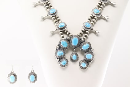 Native America Navajo Sterling Silver Kingman Turquoise Squash Blossom Neckalce & Earring's Set By