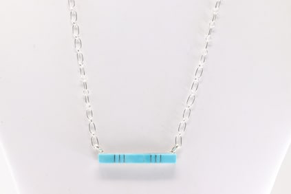 Native America Zuni Sterling Silver Turquoise Inlay Necklace By Maderral Kallestewa.