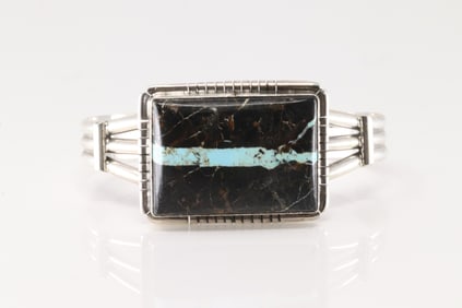 Native America Navajo Sterling Silver Black Jack Stone Bracelet Cuff By Samson Edsitty.