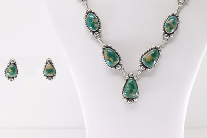 Native America Navajo Sterling Silver Kingman Turquoise Necklace & Earring's Set By Augustine Largo.
