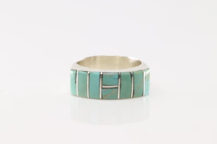 Native America Zuni Sterling Silver Turquoise Inlay Ring By V.K.