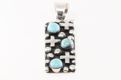 Native America Navajo Sterling Silver Kingman Turquoise Cross Pendant By Chimney Butte.