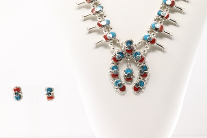 Native America Zuni Sterling Silver Coral & Turquoise Squash Blossom Necklace & Earring's Set By