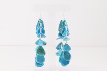 Native America Navajo Sterling Silver Turquoise Hoop Dangling Earring's.