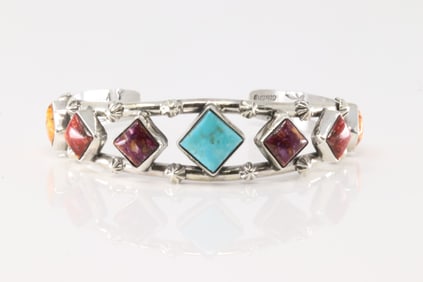 Native America Navajo Sterling Silver Spiny Oyster & Turquoise Bracelet Cuff By A.Y.