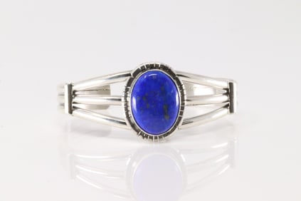 Native America Navajo Sterling Silver Lapis Stone Bracelet Cuff By Samson Etsitty.