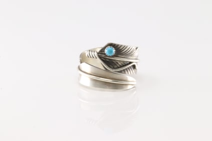 Native America Navajo Sterling Silver Turquoise Feather Ring By C.C.