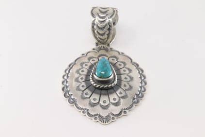 Native America Navajo Sterling Silver Kingman Turquoise Pendant By Bennie Ramon.