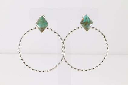 Native America Navajo Sterling Silver Turquoise Hoop Post Earring's By Sadie Jim.