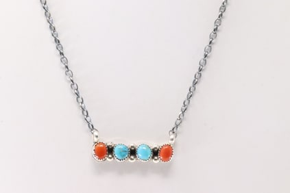 Native America Navajo Sterling Silver Coral & Turquoise Necklace By Sheila Becenti.