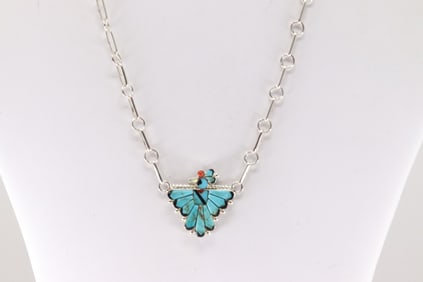 Native America Zuni Sterling Silver Multi-Color Stone Inlay Bird Necklace By Michelle Peina.