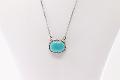 Native America Navajo Sterling Silver Kingman Turquoise Necklace By Theresa Smith.