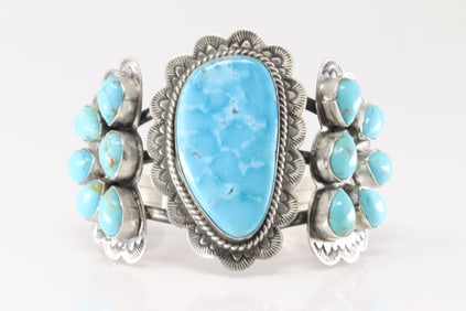 Native America Navajo Sterling Silver Kingman Turquoise Bracelet Cuff By Kee.J.