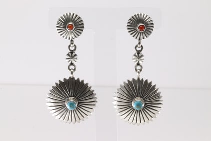 Native America Navajo Sterling Silver Coral & Turquoise Post / Dangling Earring's By Verley Betone.