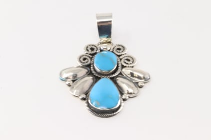 Native America Navajo Sterling Silver Turquoise Pendant By Gwendolyn Burnside.