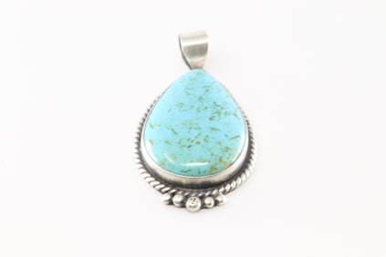 Native America Navajo Sterling Silver Kingman Turquoise Pendant By Judith Dixon.
