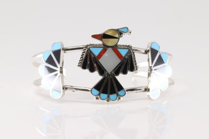 Native America Zuni Sterling Silver Multi-Color Stone Inlat Thunderbird Bracelet Cuff By Adrian
