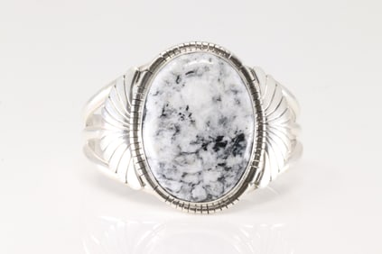 Native America Navajo Sterling Silver White Buffalo Bracelet Cuff By Samson Etcitty.
