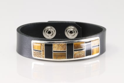 Native America Navajo Sterling Silver Multi-Color Stone Inlay Leather Bracelet By Edison Yazzie.