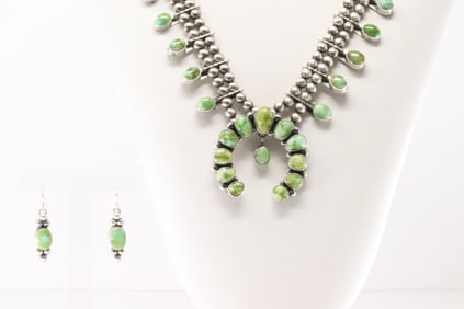 Native America Navajo Sterling Silver Sonora Gold Turquoise Squash Blossom Necklace & Earring's Set