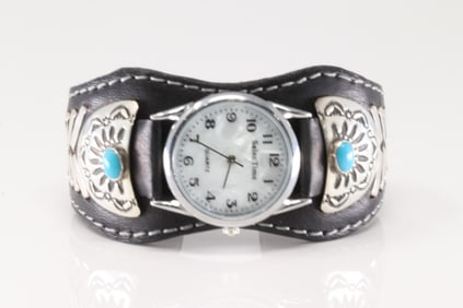 Native America Navajo Sterling Silver Turquoise Watch Leather Bracelet Cuff By Frank Armstrong.
