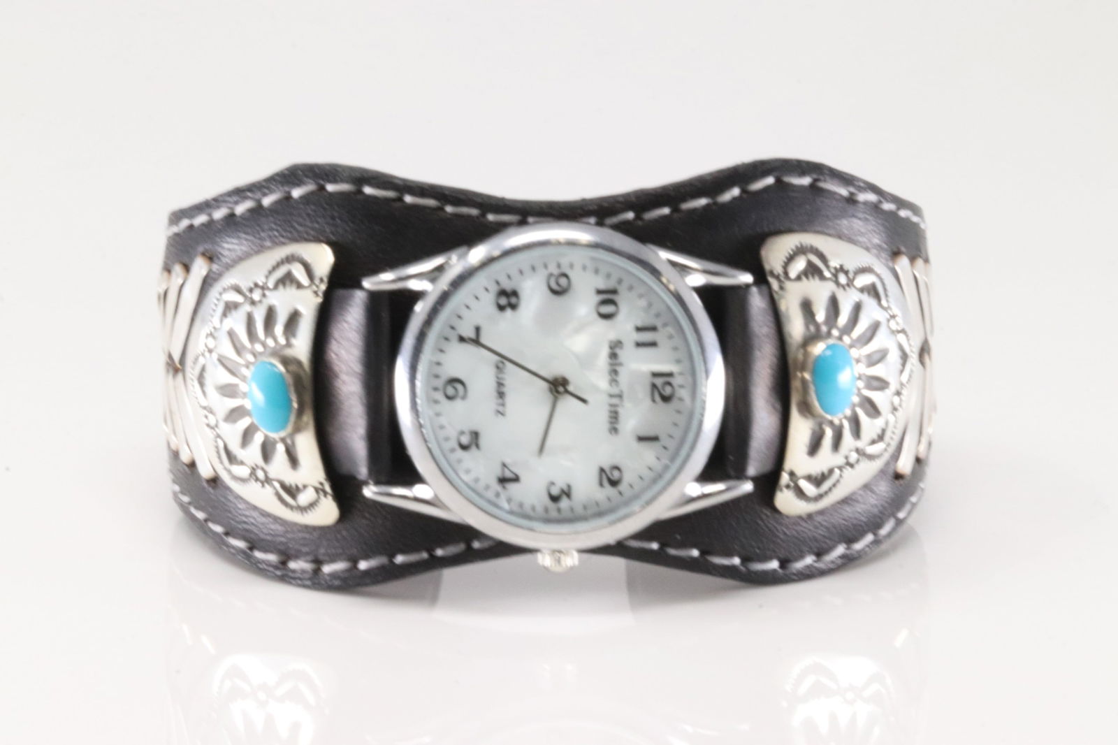 Native America Navajo Sterling Silver Turquoise Watch Leather Bracelet Cuff By Frank Armstrong. (1 of 4)