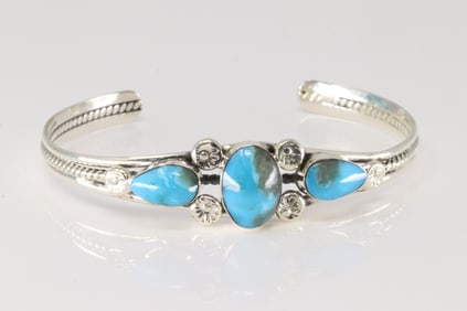 Native America Navajo Sterling Silver Turquoise Bracelet Cuff By Charlene Yazzie.