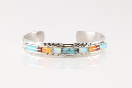 Native America Navajo Sterling Silver MultI-Color Stone Inlay Bracelet Cuff By Marry Lincoln.