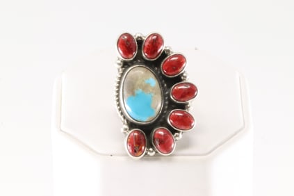 Native America Navajo Sterling Silver Coral & Turquoise Ring By Geraldine James.