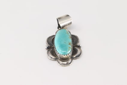 Native America Navajo Sterling Silver Kingman Turquoise Pendant By Juanita Long.