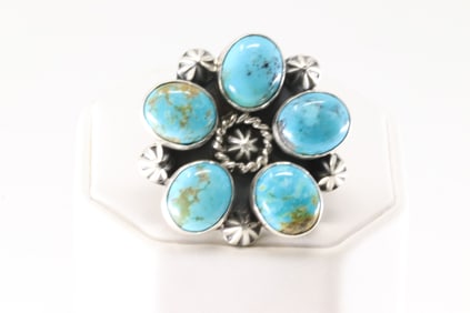 Native America Navajo Sterling Silver Kingman Turquoise Ring Flower Design By Donovan Skeets.