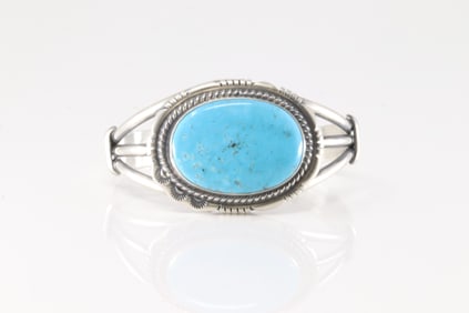 Native America Navajo Sterling Silver Kingman Turquoise Bracelet Cuff By Jimmy Lee.
