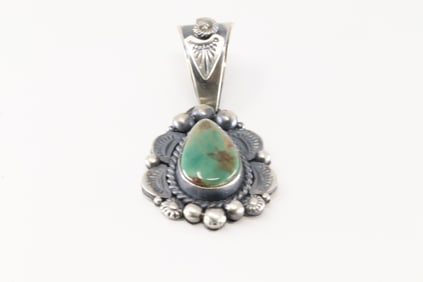 Native America Navajo Sterling Silver Kingman Turquoise Pendant By Rosita Calidi.